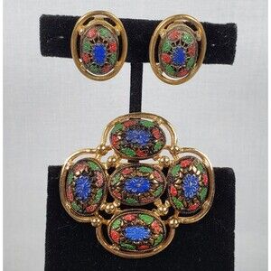 Vtg 1968 Sarah Coventry Light of the East Mosaic Brooch Clip Earrings Set MCM